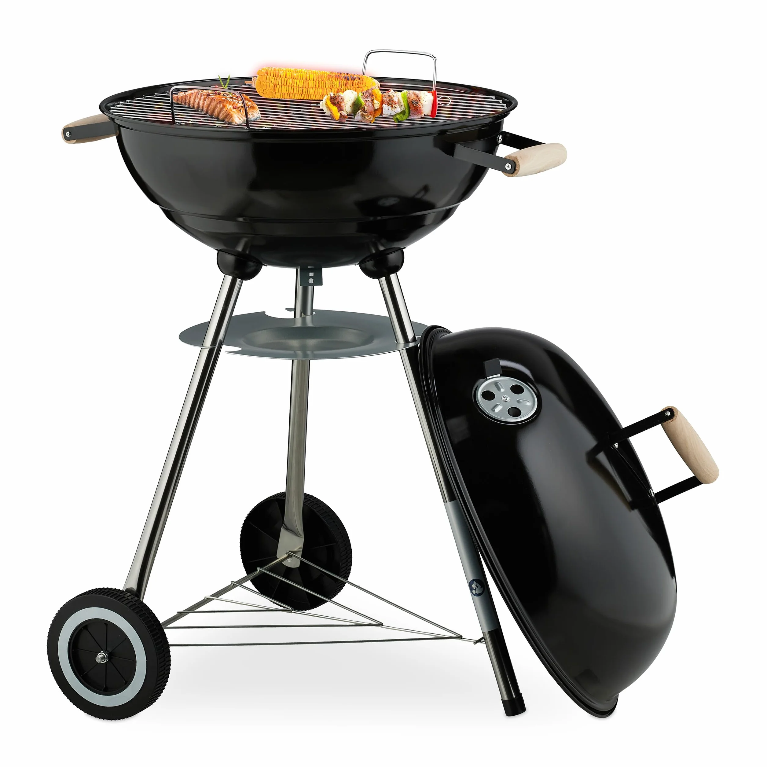 Relaxdays Grill a Carbonella Rotondo Ø 44 cm z Coperchio, 2 Koła, Czarny