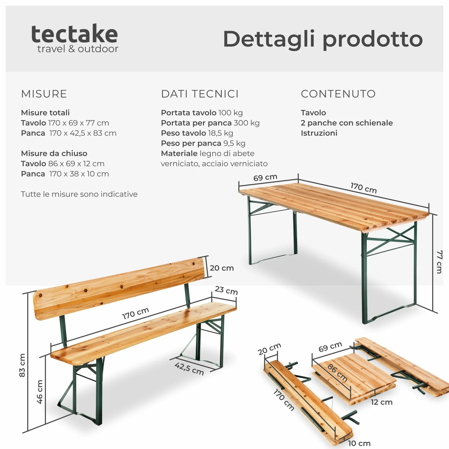 Tectake Set 3 Pezzi da Birreria, Tavolo e Panche da Esterno con Schienale, Acciaio, Tavolo 170x69x76 cm