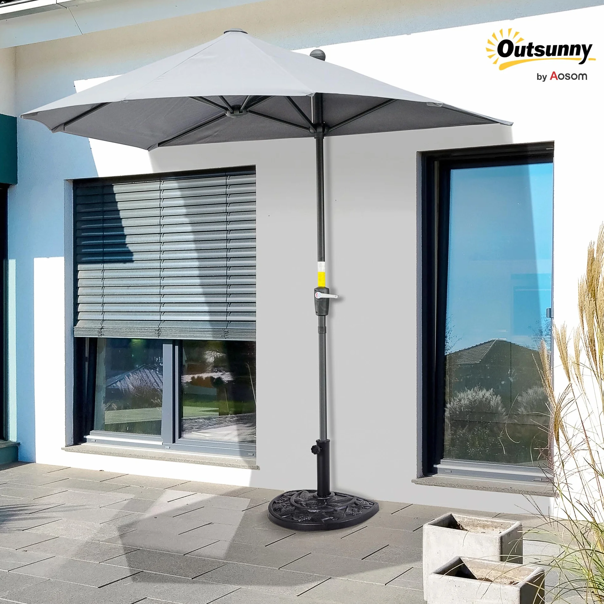 Outsunny Base per Ombrellone a Mezzaluna da Ø38 mm e Ø48 mm con Manovella, Basamento per Ombrellone in Resina, Base Ombrellone a Parete 50x31x32 cm, Nero