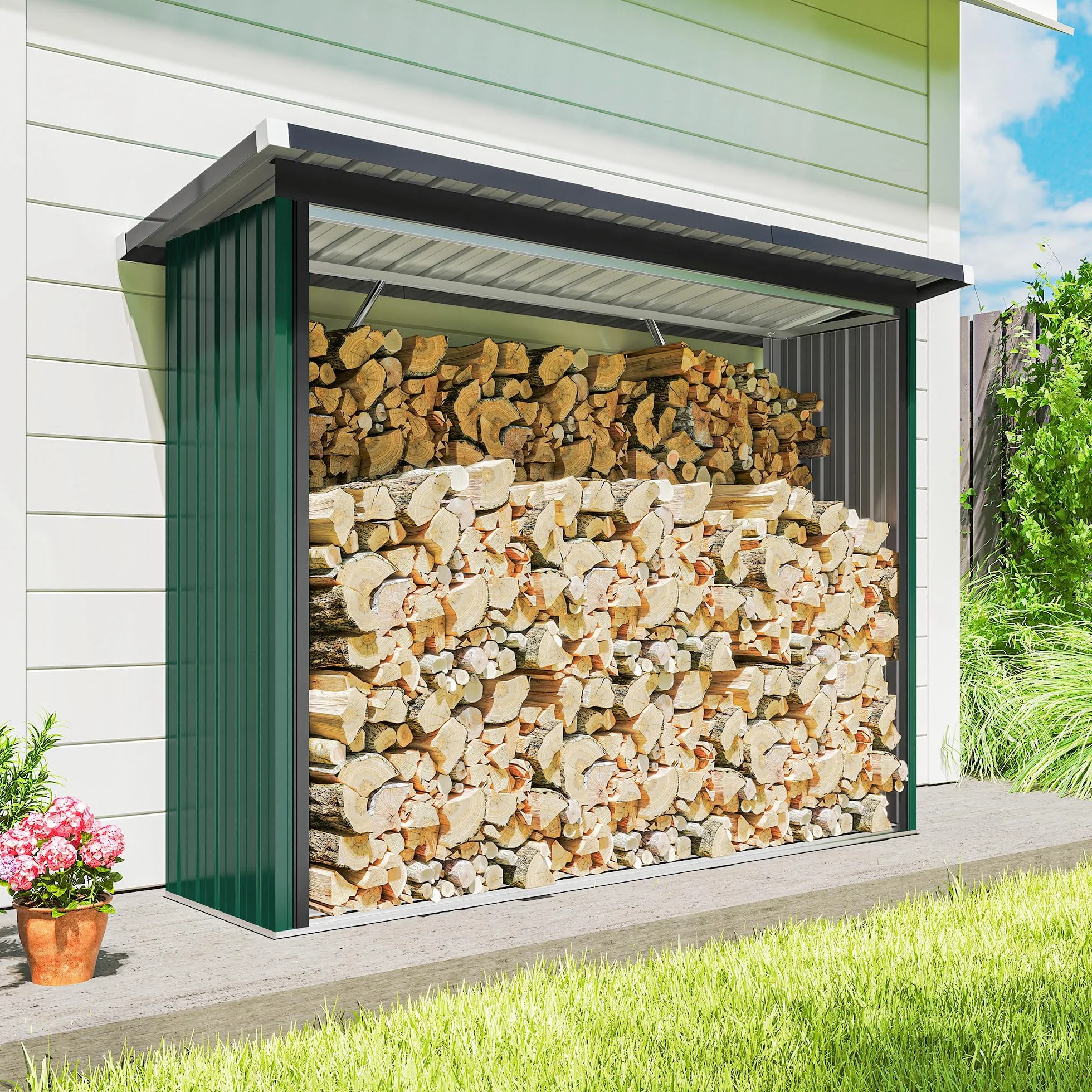 Outsunny Albero Coperto Acciaio Zincato Supporto Legna Riscaldamento 213 x 66,5 x 150 cm Verde