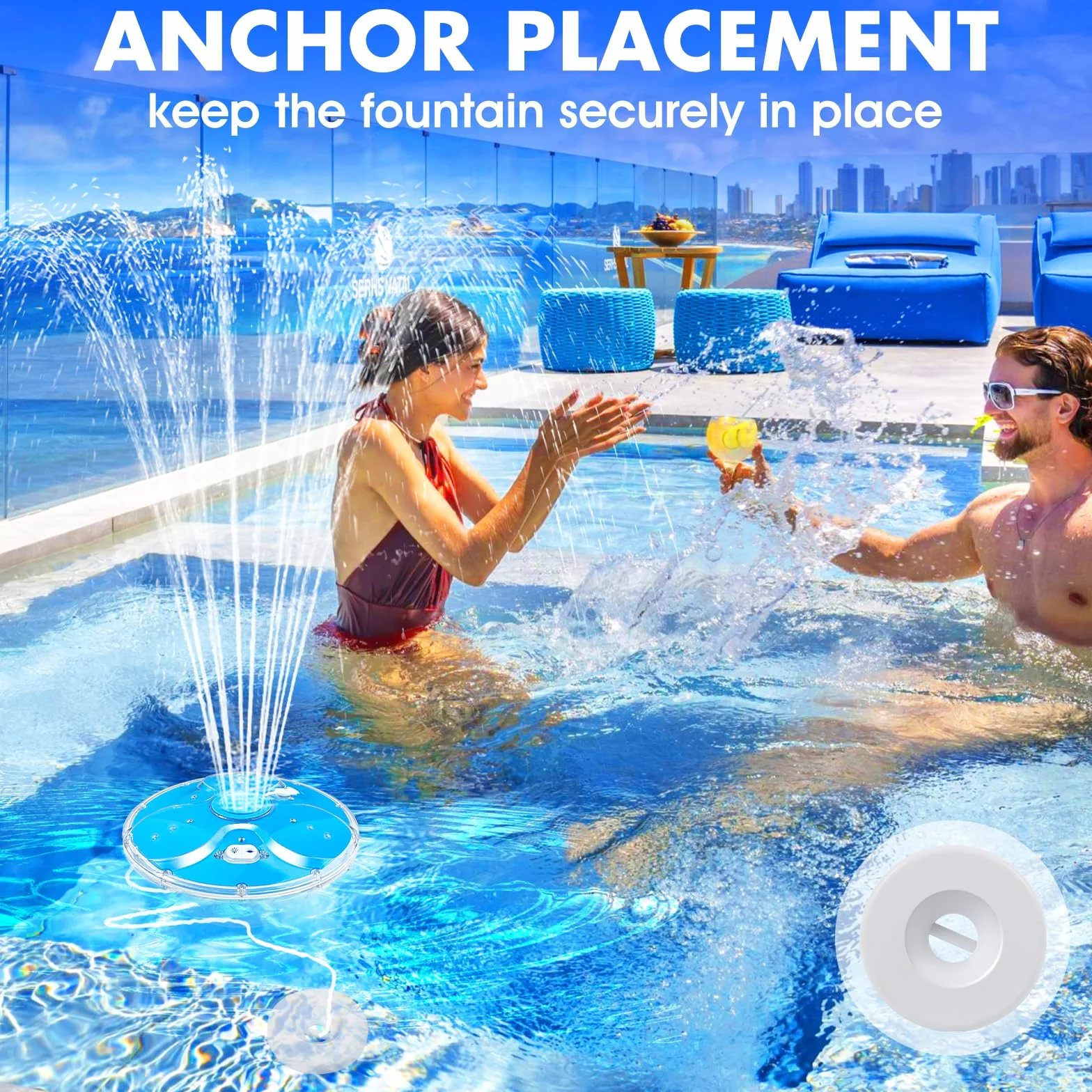 DeeprBling Fontana Galleggiante Piscina con Luci Subacquee, Fontana Piscina con Telecomando e Pulsanti, 2 Modalità di Spruzzatura e 7 Modalità di Luce LED, Fontana per Piscina con Ancora