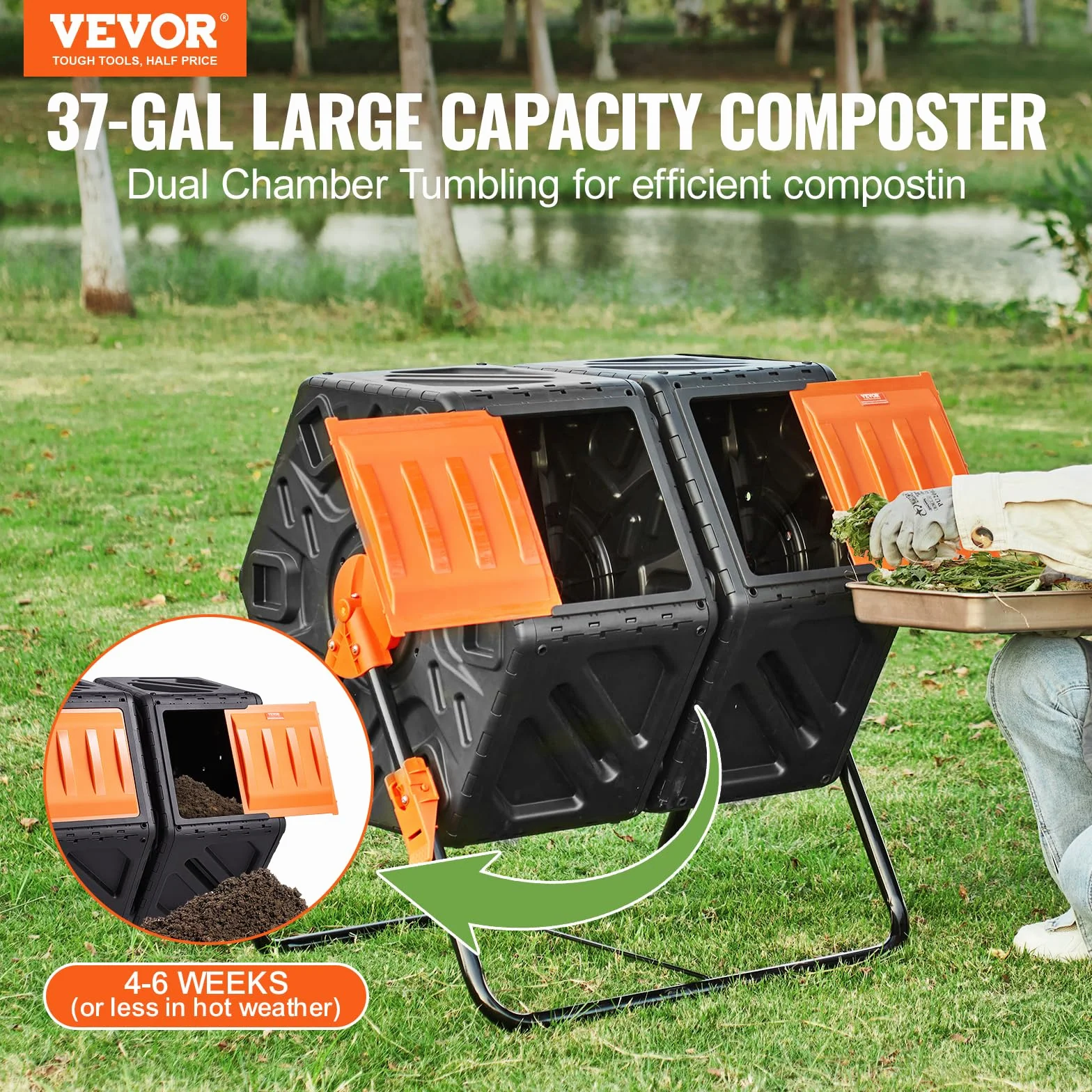 VEVOR Compostiera da Giardino Rotante 140L Doppia Camera 360° PP Senza BPA 40 kg