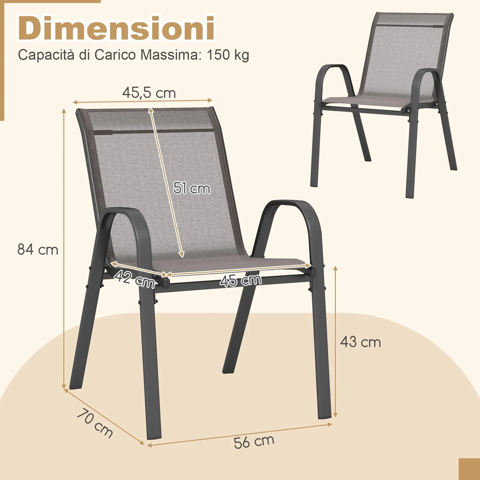 COSTWAY Set di 2 Sedie da Giardino in Textilene Impilabili Metallo 150 kg Grigio