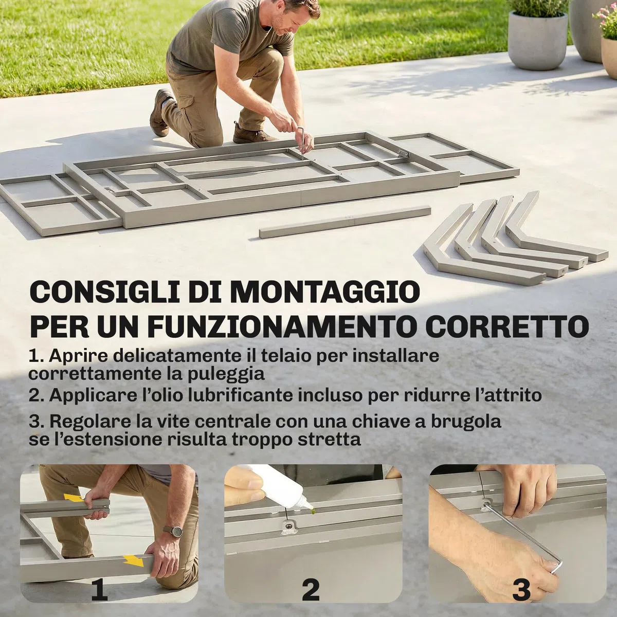 Outsunny Tavolo da Giardino Allungabile per 8-10 Persone 154/214x85cm, Tavolo da Pranzo Estensibile Esterno Alluminio Piano Effetto Legno, Gambe a X Acciaio per Patio Terrazzo Balcone, Grigio Argento