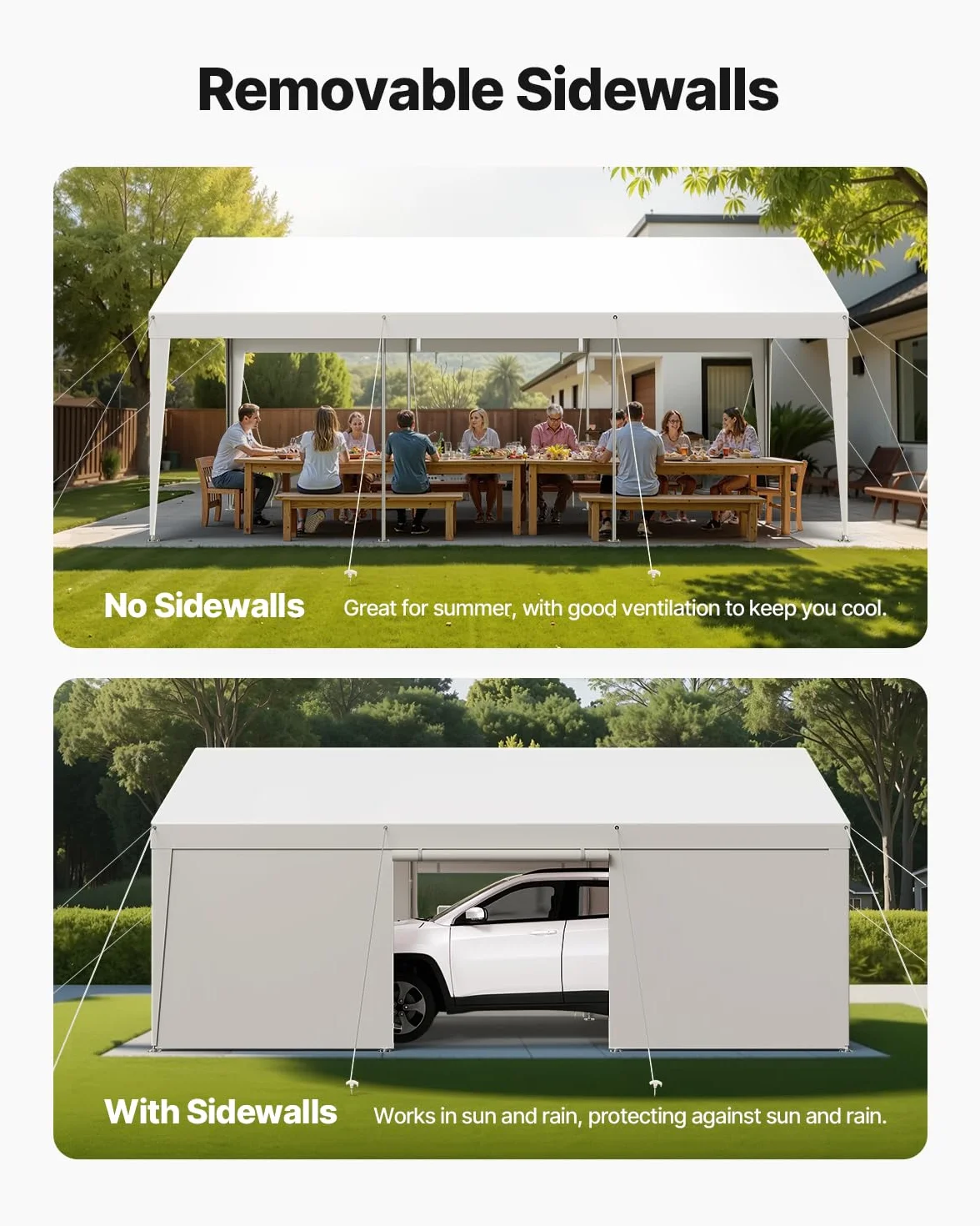 VEVOR Posto Auto Coperto Esterno, Riparo per Auto 3,65 x 6,09 x 3,02 m, Tettoia Potabile con Pareti Laterali e Porta Rimovibili, Resistente ai Raggi UV e all'Acqua, per Auto e Barca, Bianco