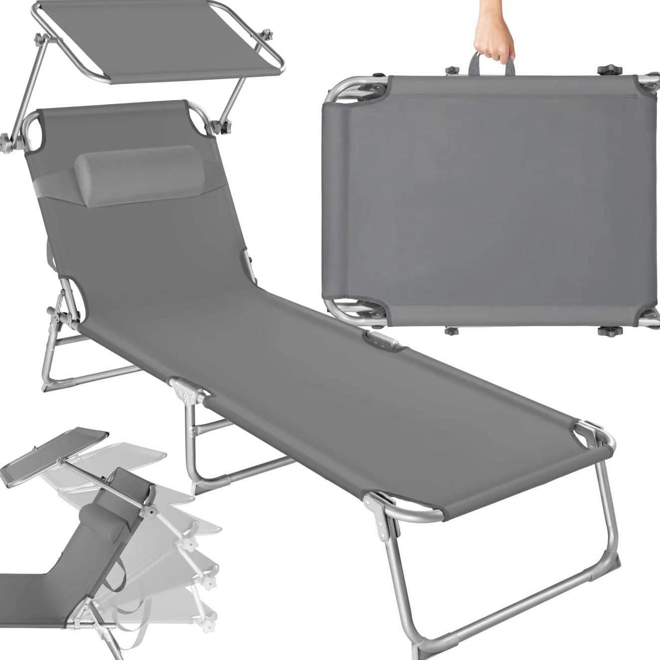 tectake Lettino Pieghevole con Parasole, Schienale Regolabile 4 Posizioni, Rivestimento Resistente - Grigio