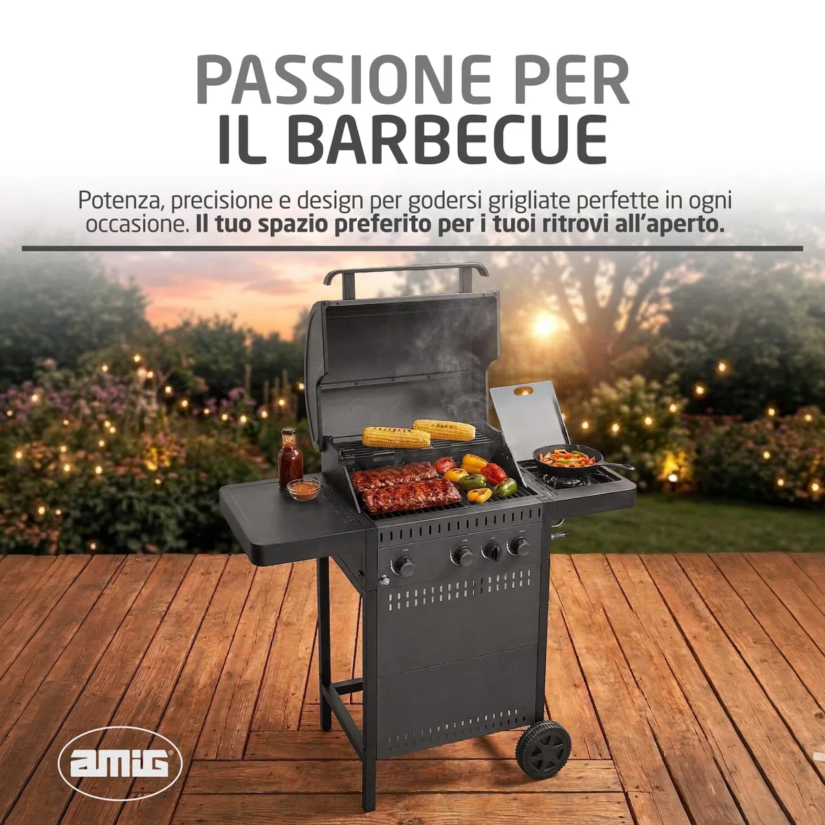 Amig Barbecue a gas IGNIS 3+1 117x55x110 cm Superficie cottura 54x38 cm Griglia ghisa Nero