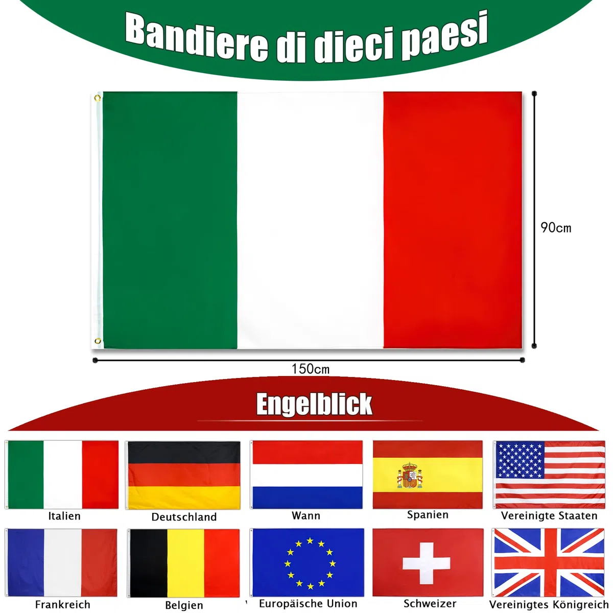 Bandiere Nazionali 150x90 cm con Anelli 10 Pezzi Set Esterni Interni
