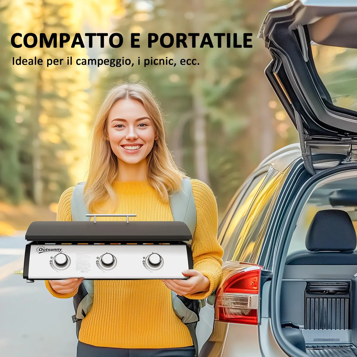 Outsunny Barbecue a Gas 3 Bruciatori 7.5kW Griglia Portatile 61x35.5cm Nero