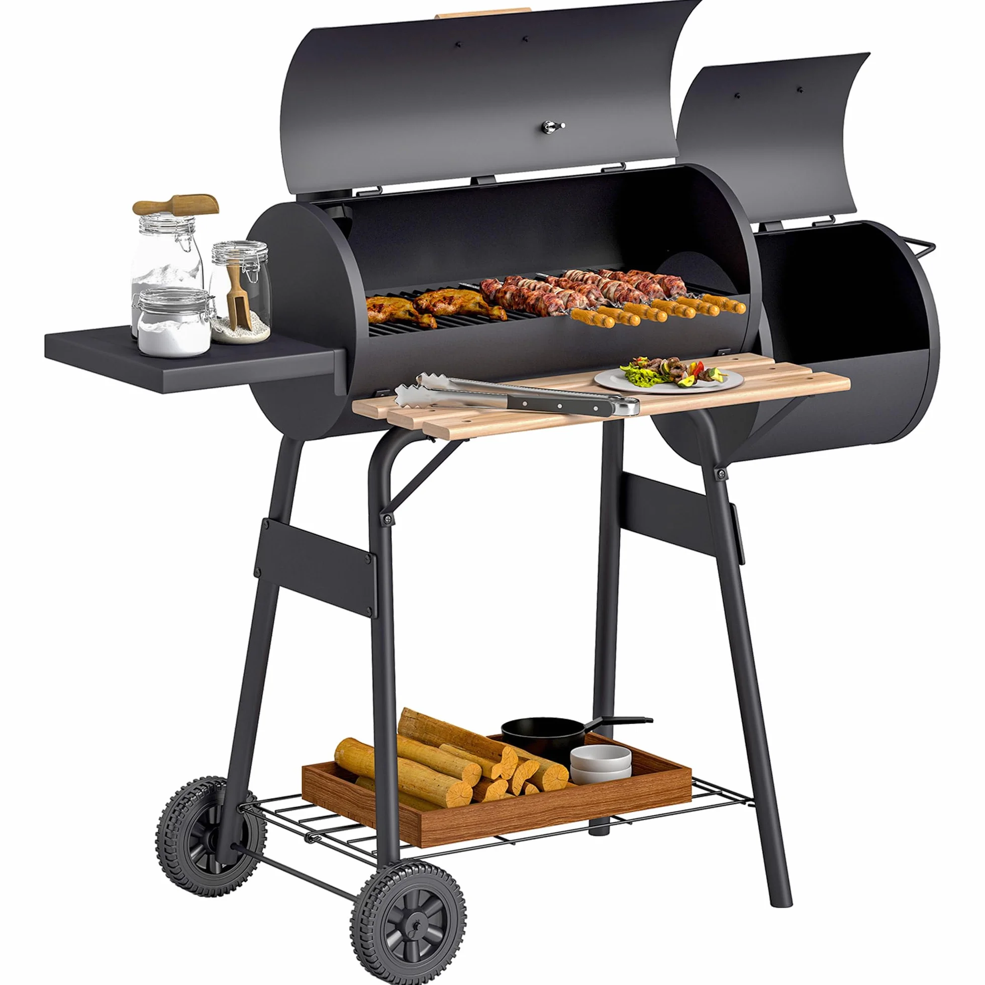 Outsunny Barbecue a Carbone con Coperchio e Affumicatore, BBQ da Giardino 124x53x104 cm Nero