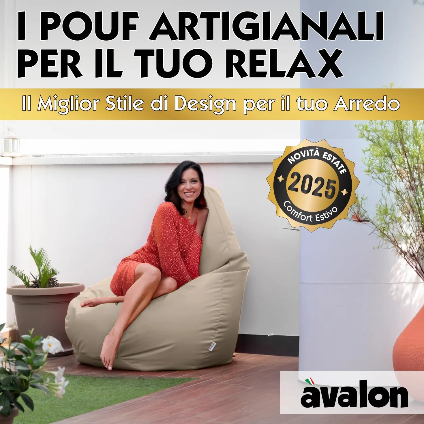 Avalon Pouf Poltrona Sacco da Esterno Grande L Samba 80x80x125cm Arancio Impermeabile Antistrappo