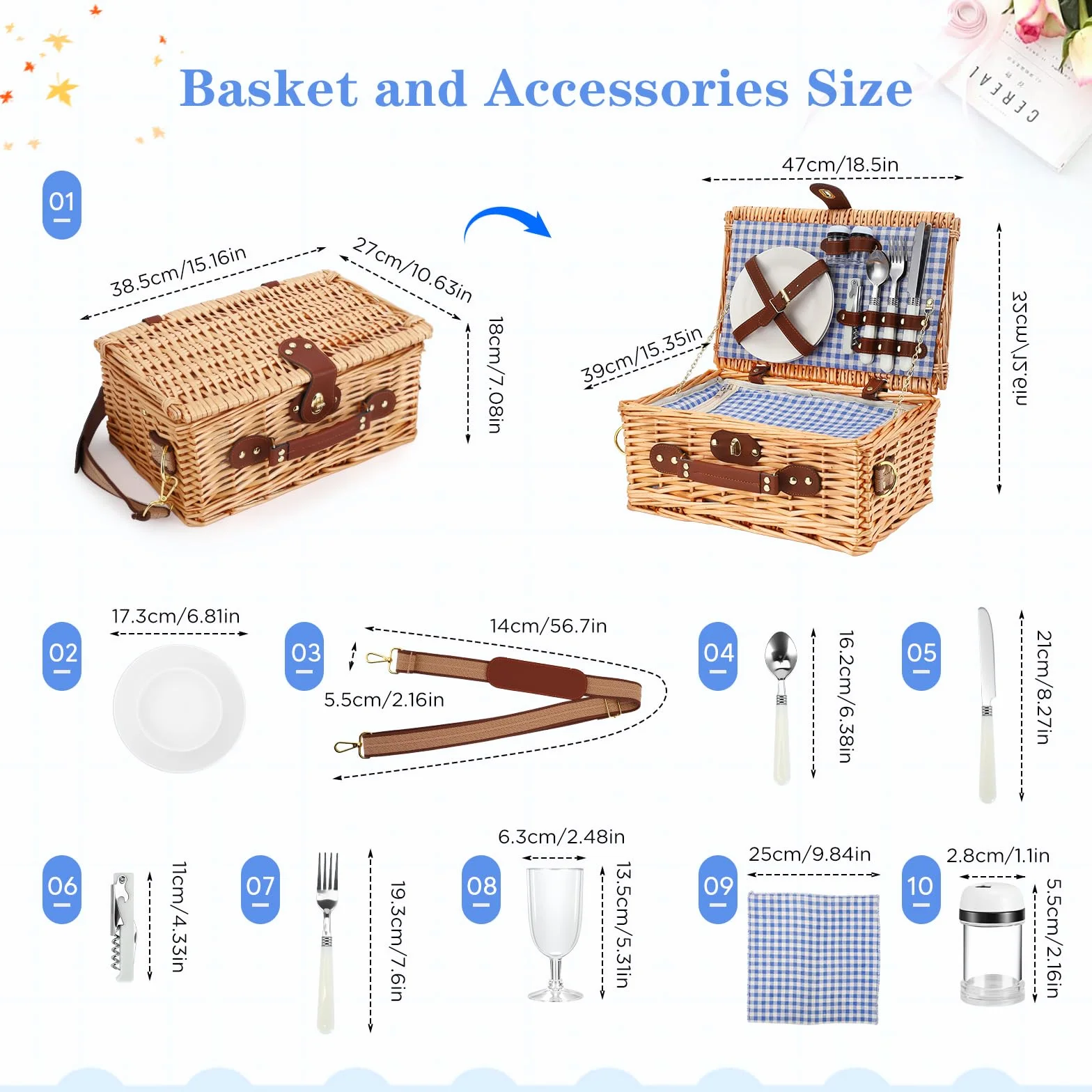 Cesto da Picnic in Vimini per 2 Persone con Scomparto Termico, Blu