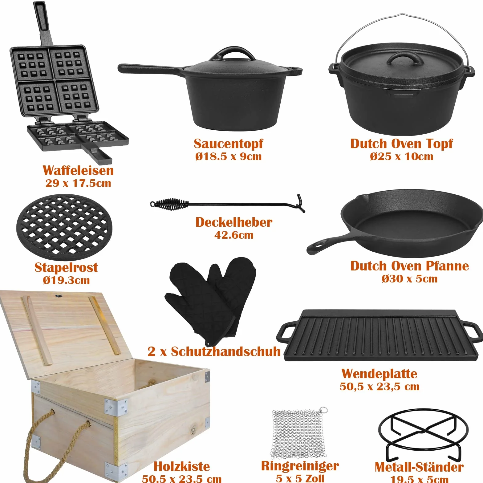 UISEBRT Dutch Oven Set in scatola di legno - Set Forno Olandese con forno olandese, molti accessori in Ghisa, già cotto, con Dutch Oven, padella e coperchio