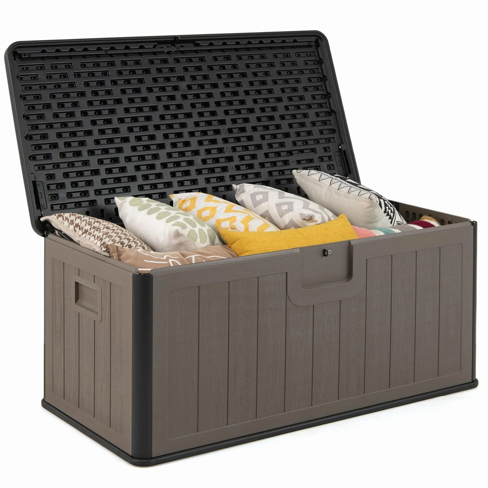 RELAX4LIFE Cassapanca Contenitore da Esterno cper Esterni da 378 L, in Resina per Interni ed Esterni con Coperchio Bloccabile, Impermeabile per,Attrezzi, Accessori per Piscina (MARRONE 2)
