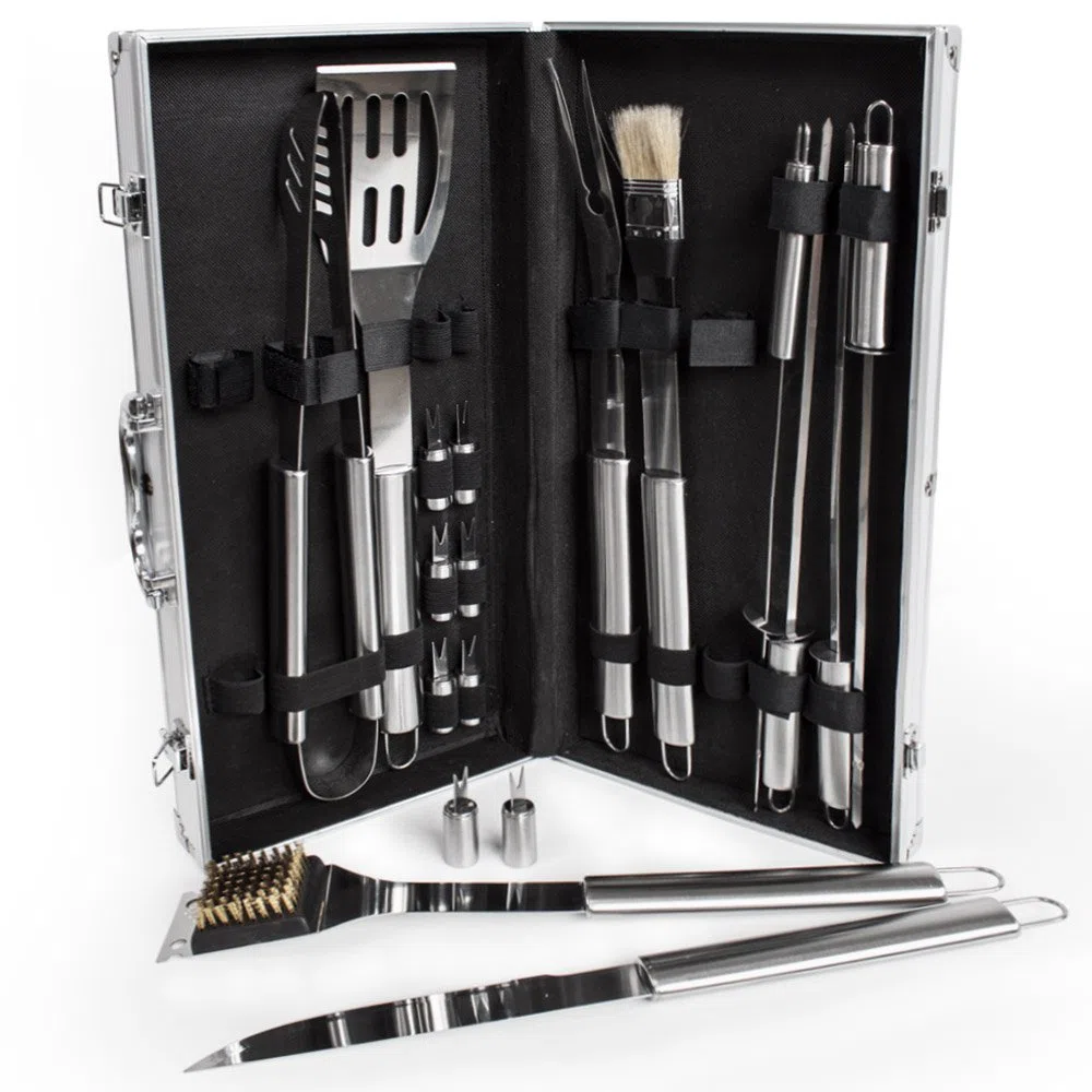 tectake® Set Barbecue Acciaio Inox, Accessori Barbecue con Valigetta Alluminio, Utensili Griglia, kit Barbecue Completo, Posate Barbecue, Spatola Pinza Forchettone, 18 Pezzi