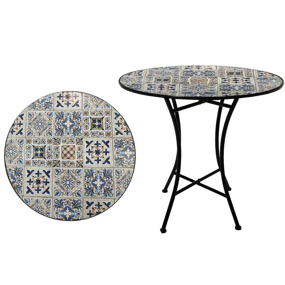 Tavolo rotondo in ferro battuto con piano in ceramica decorazione mosaico diametro 90 cm per giardino o interno stabile per esterni terrazza balcone