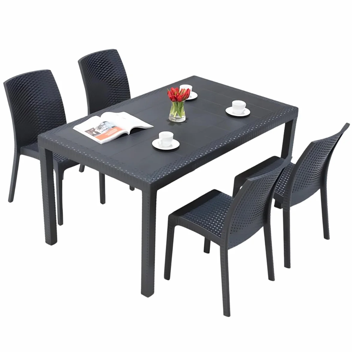 Tomaino Set Tavolo e Sedie Da Giardino in Plastica 4 Posti Impilabili Effetto Rattan Nero