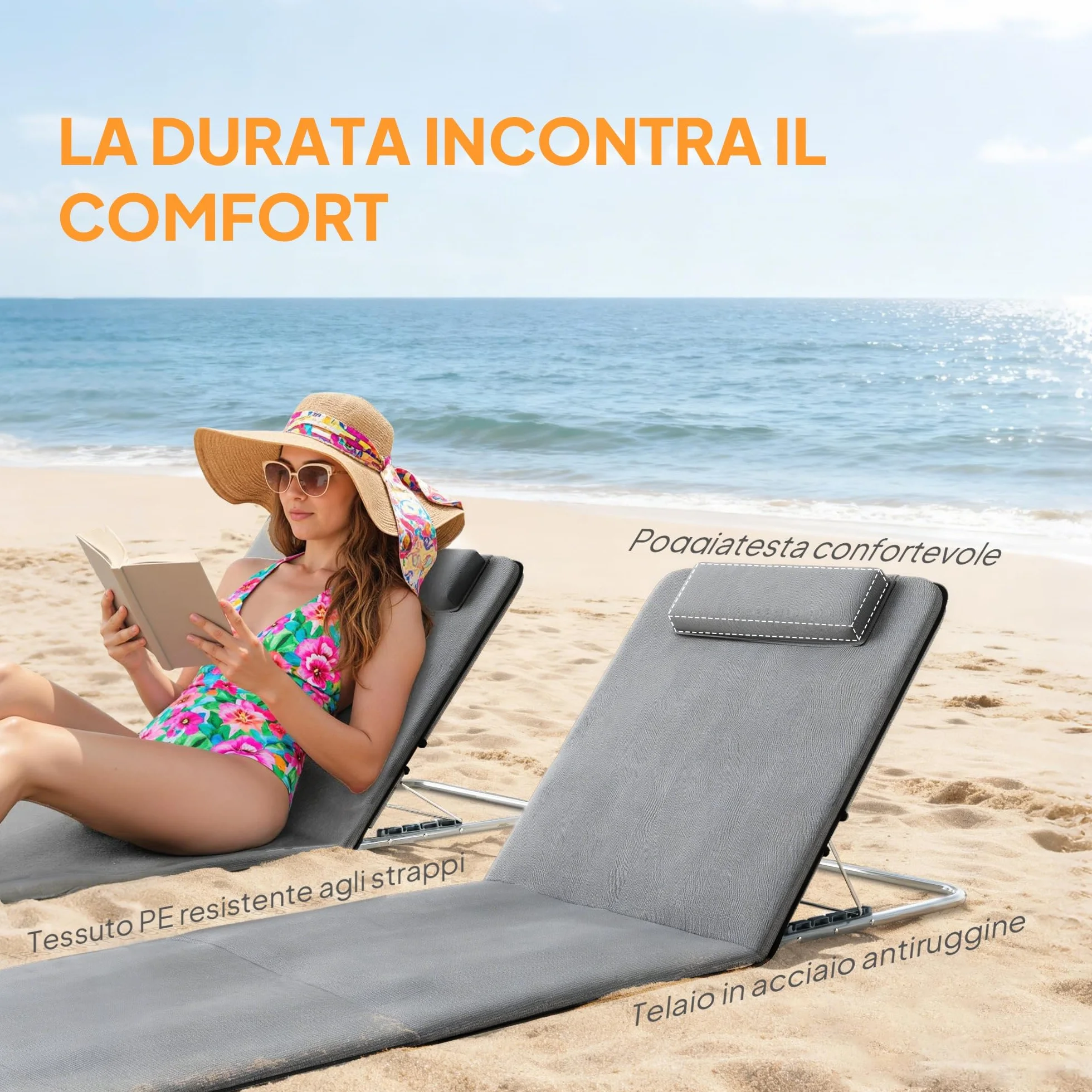Outsunny Sdraio da Spiaggia Pieghevole 2 Pezzi con Schienale Regolabile, Acciaio e PE, 134x48x33-43 cm, Grigio