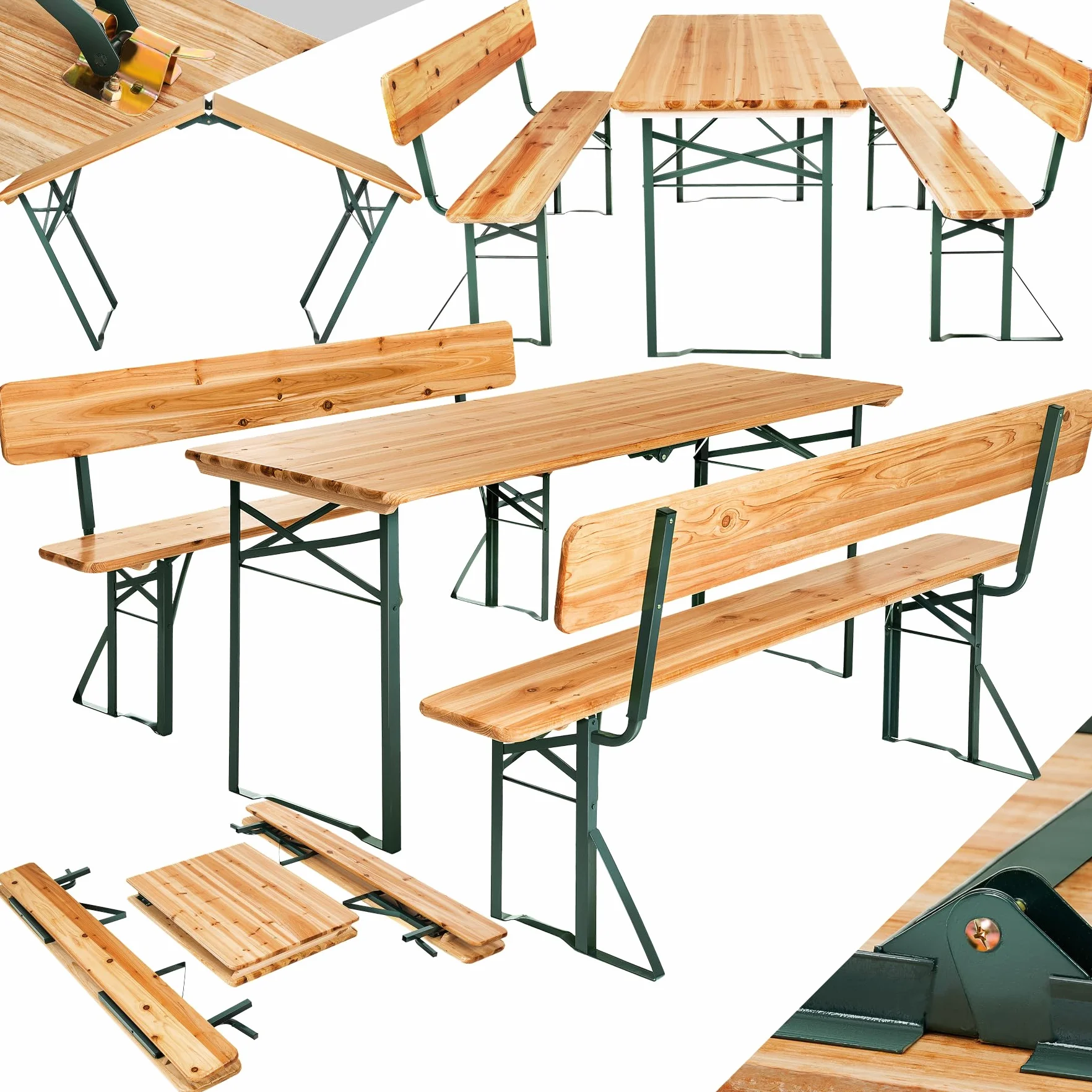Tectake Set 3 Pezzi da Birreria, Tavolo e Panche da Esterno con Schienale, Acciaio, Tavolo 170x69x76 cm