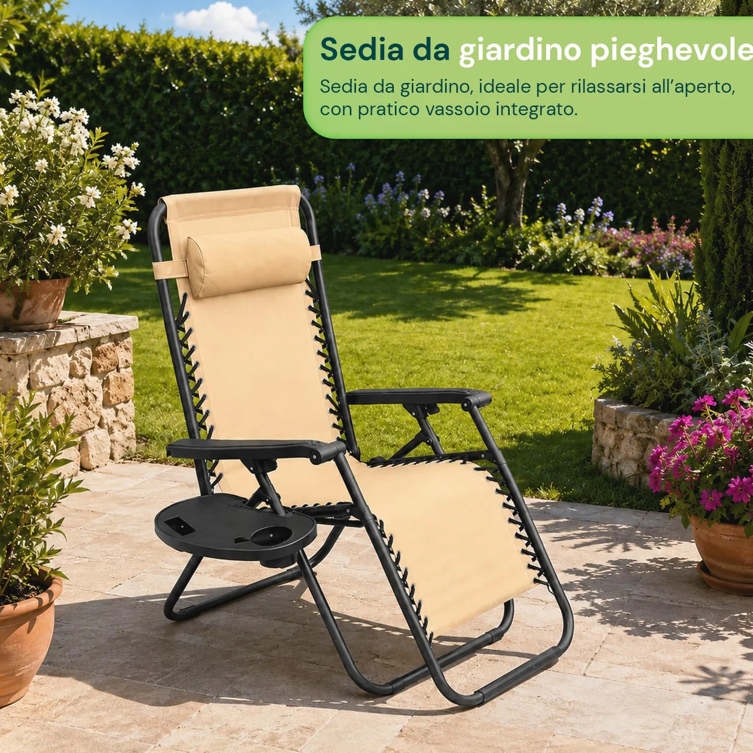 Avilia - Sedia da Giardino Pieghevole con Vassoio Laterale Portabevande – Ferro, Seduta Teslin, 120 kg | Sedia Giardino Pieghevole Reclinabile, L65×P87/176×A108/80 cm, Facile da Pulire