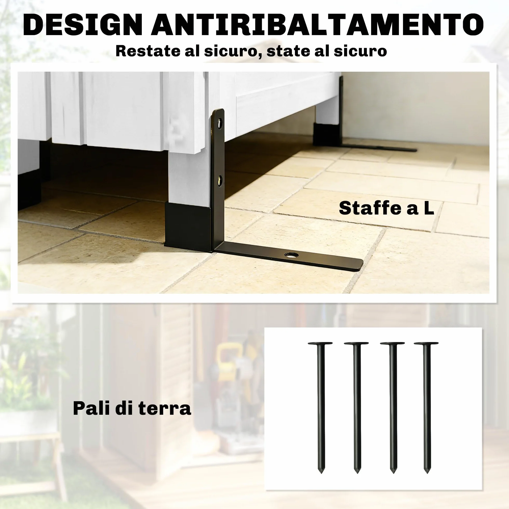 Outsunny Armadio da Giardino in Legno Alto, Casetta Porta Attrezzi da Esterno con Tetto Inclinato Zincato, Ripiani Regolabili, Prese d'Aria, Kit Antiribaltamento, 85x58x213cm, Finitura Goffrata Bianco