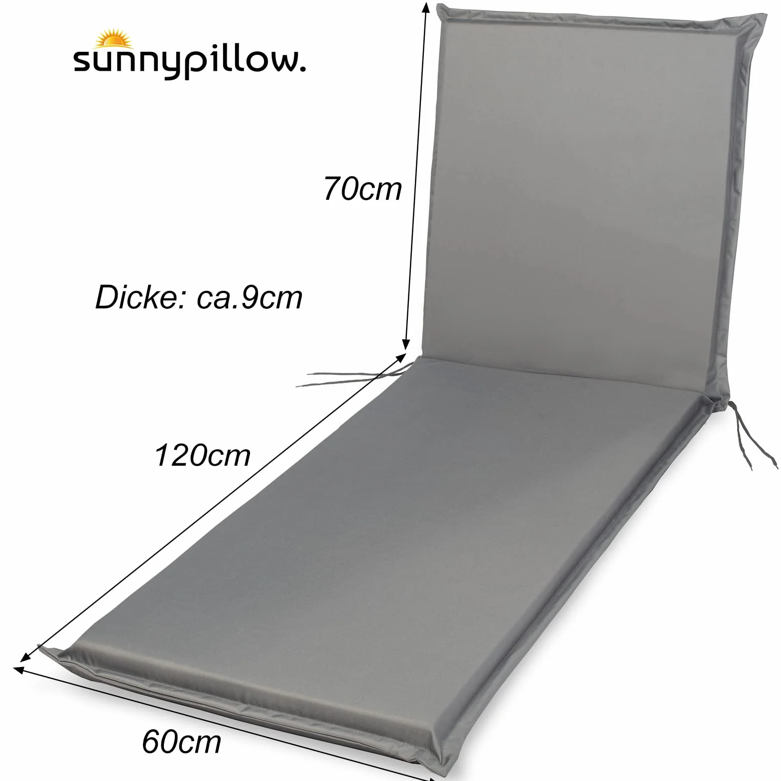 sunnypillow 2 Cuscini per Lettino 190 × 60 – Materassino per Sdraio da Giardino, Spesso 9 cm – Outdoor, Impermeabile, Resistente ai Raggi UV – Cuscino per Lettino Prendisole e Sedia a Sdraio – Grigio