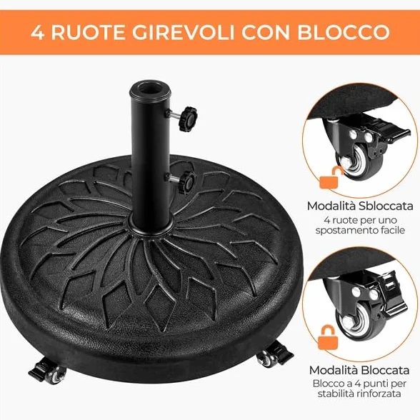 Yaheetech Base per Ombrellone da Giardino 24,7 kg in Resina e Metallo con 4 Ruote e Freni per Pali da Ø34/38/48mm con 2 Manopole Cortile Piscina Esterno Nero