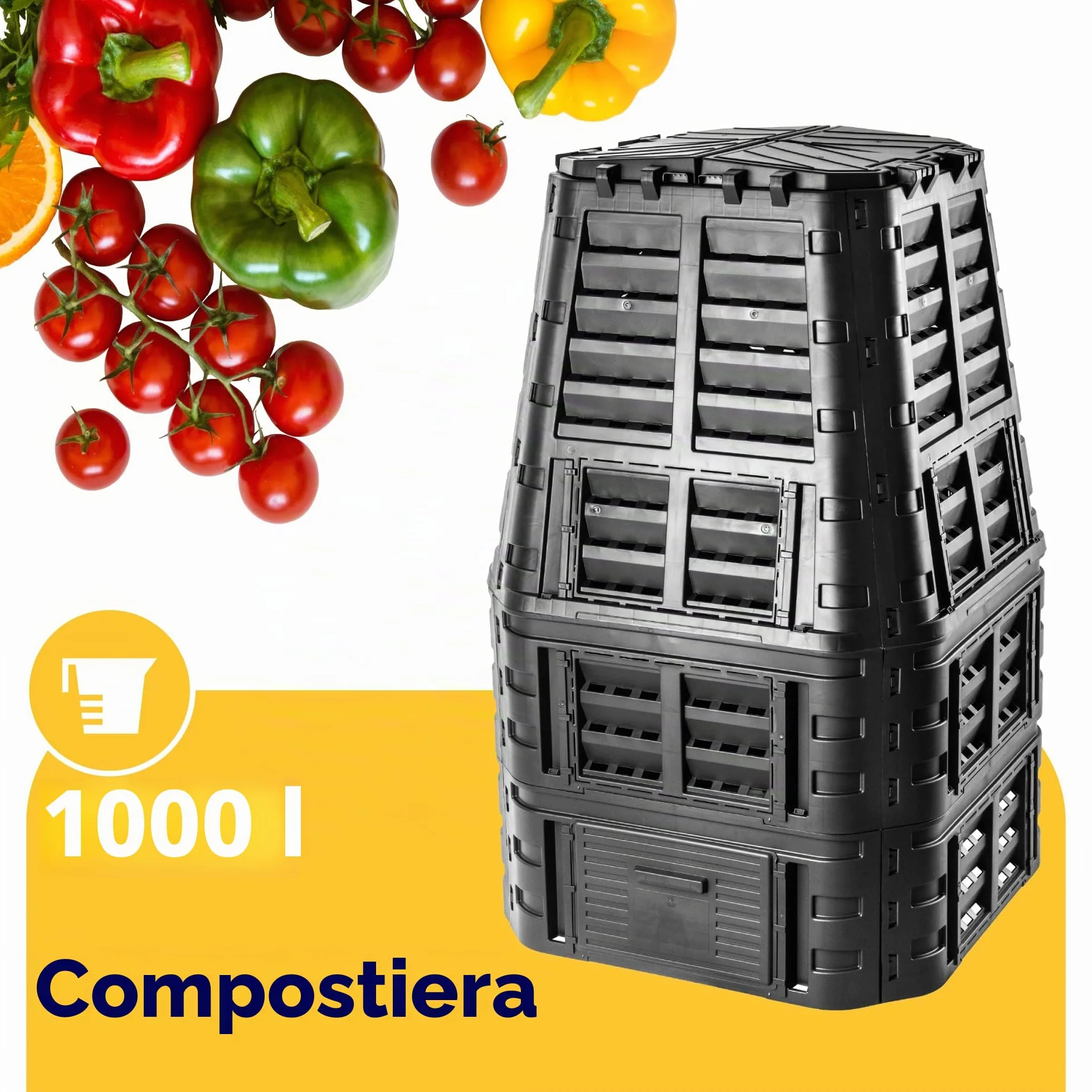 KADAX Compost, Sistema di compostaggio Nero, composti di plastica, Compost Termico Resistente al Tempo con Coperchio Pieghevole (1000L)