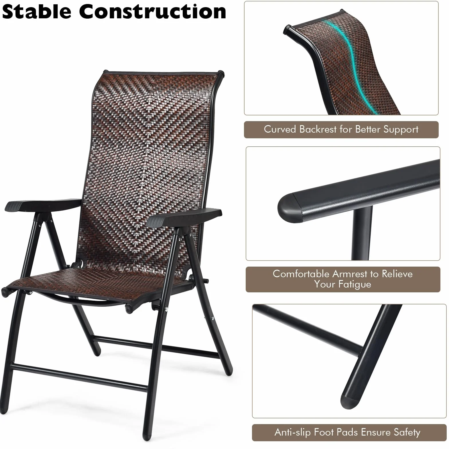 LIFEZEAL Sedia da Giardino in Rattan PE, Sedie Pieghevoli da Interno e Esterno, Poltrona di Vimini con Schienale Reclinabili per Balcone, Sedia a Sdraio con Telaio in Metallo, Portata 120 kg (1)