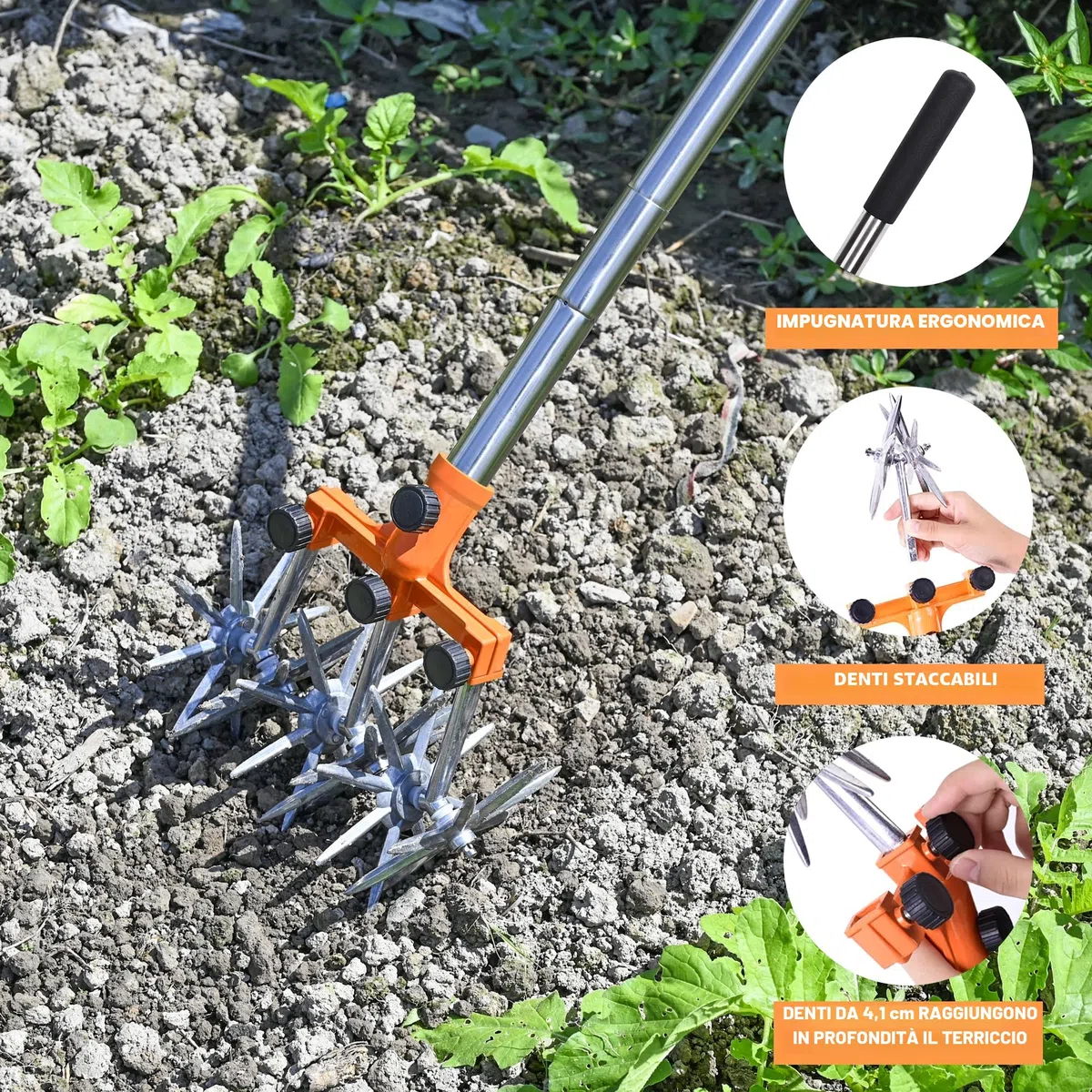 BARAYSTUS Rotary Cultivator Garden Rotary Tiller Adjustable Stainless Steel Poles Hand Tiller for Soil Mixing or Reseeding Grass Lawn Tiller Total Length 145cm