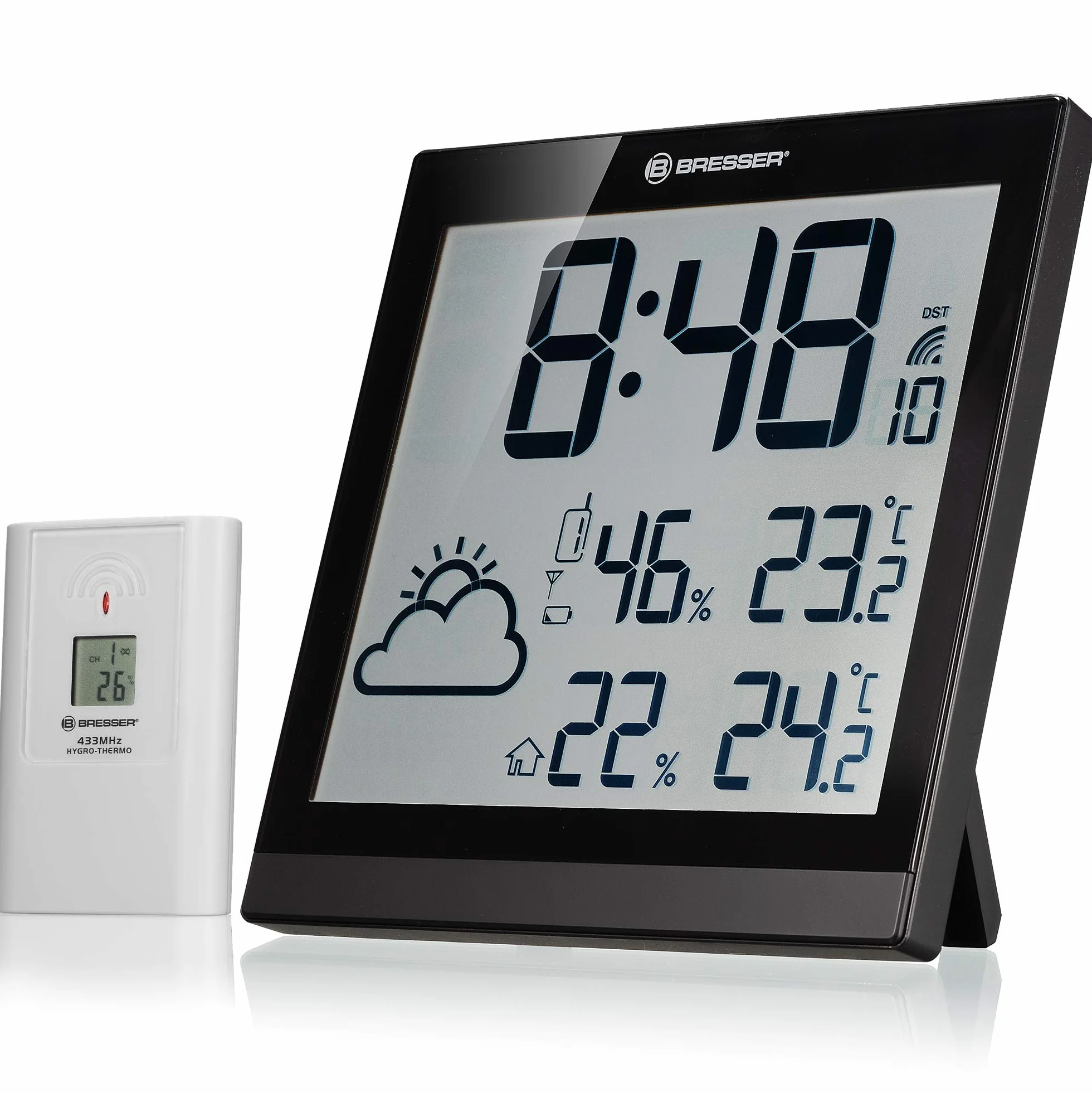 Bresser Orologio da Parete Stazione Meteorologica Radio con Sensore Esterno TemeoTrend JC DCF Schermo Temperatura Umidità Nero