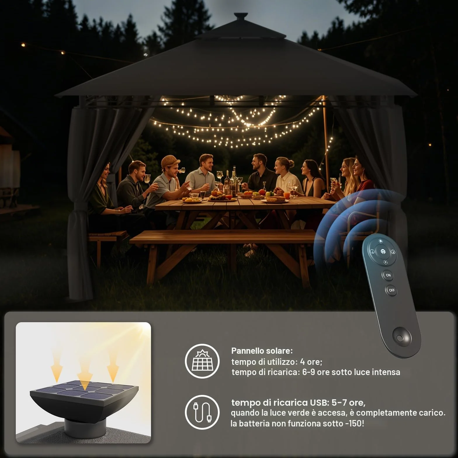 Devoko Gazebo 3x3m con Luce LED Impermeabile UV50+ Doppio Tetto Tenda da Giardino per Famiglie Grigio