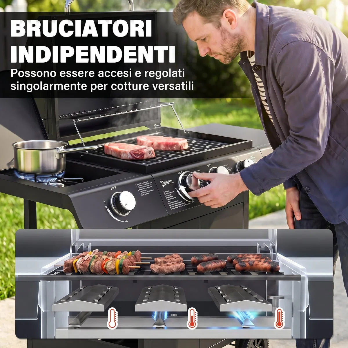 Outsunny Barbecue a Gas 4 Bruciatori 11.6kW Termometro Fornello Laterale Mensola 2 Ruote 110x50x100cm Nero