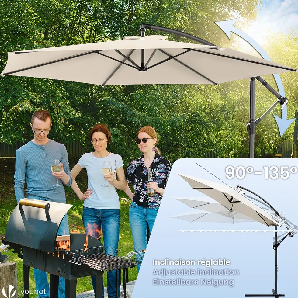 VOUNOT Ombrellone da Giardino Diametro 3M Decentrato Parasole Base a Croce Protezione UV Beige