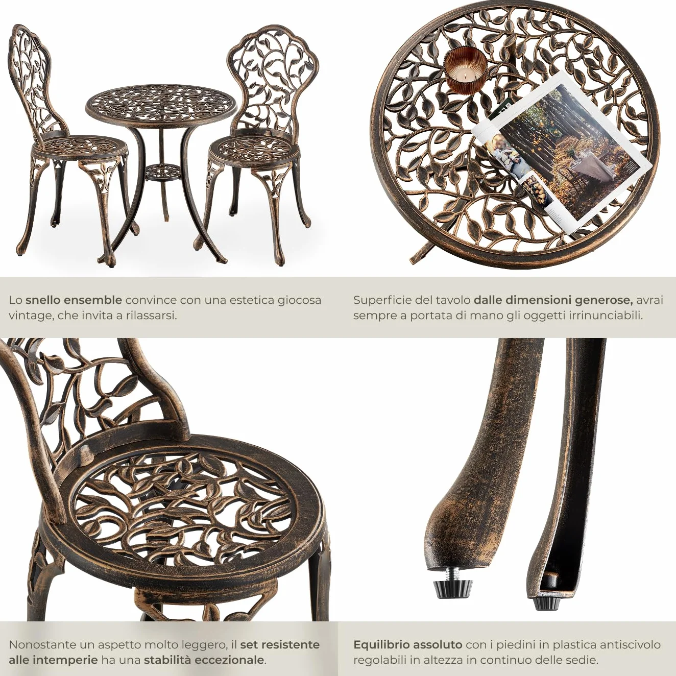 Tectake Bistrot Set per 2 Persone, Tavolo e Sedie da Giardino in Alluminio, Motivo Foglia Vintage