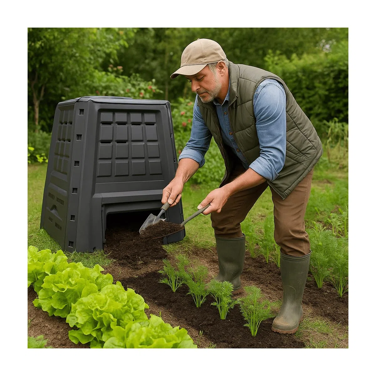 INTEC : Composter da giardino 380 L XXL Antracite. Vassoio per compost in plastica riciclata durevole con ventilazione ottimale per rifiuti. Comodo doppio accesso (coperchio superiore e trappa)
