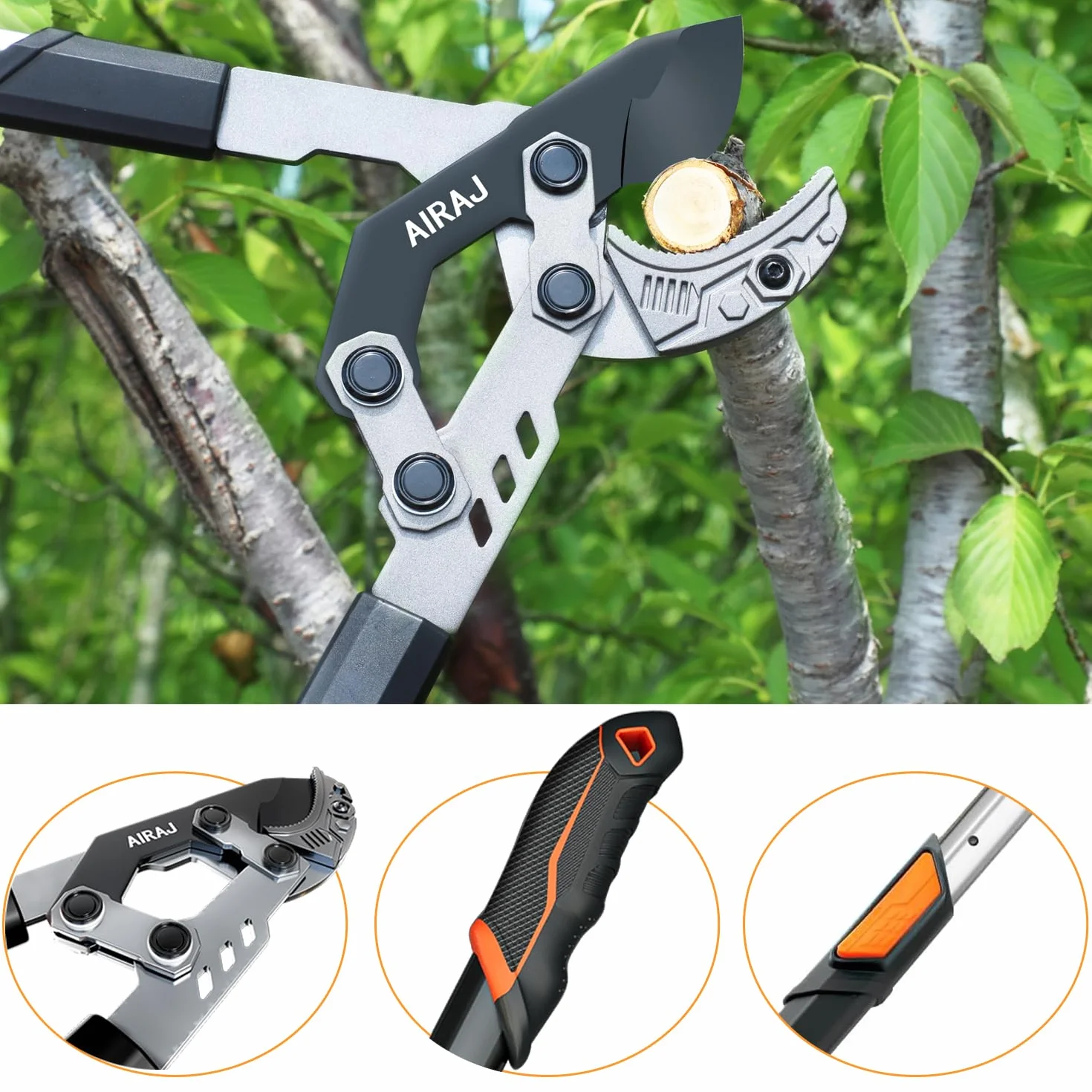 AIRAJ Troncarami da Giardino Telescopica 68-88cm, Lame 55C Rivestimento Antiruggine, Potatura Rami 5.5cm