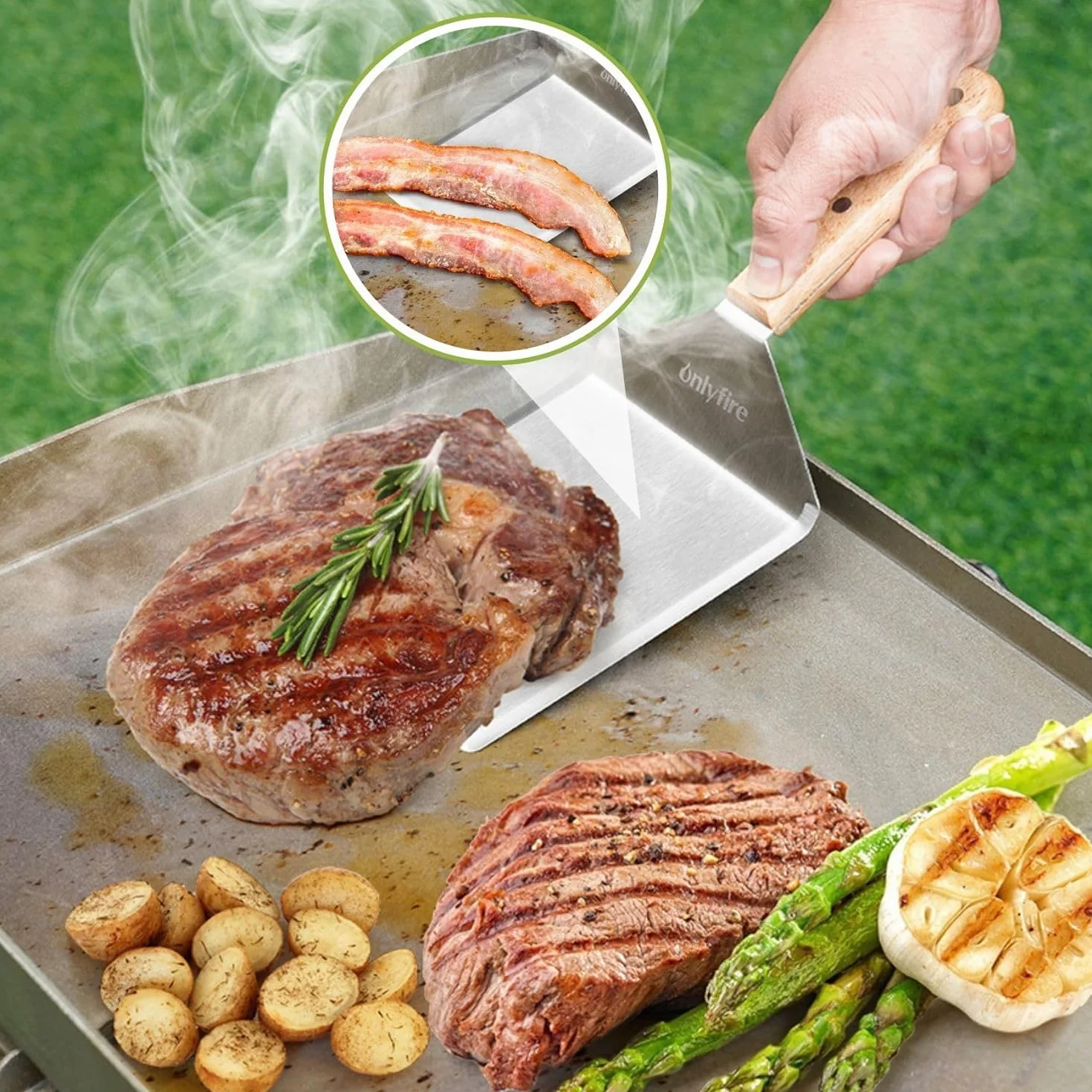 Onlyfire Kit Smash Burger, Coperture per Hamburger da 2 x 16 cm, Pressa per Hamburger Rotonda e Spatola da Grill Grande, Accessori per Barbecue per Piastra, Teppanyaki e Campeggio