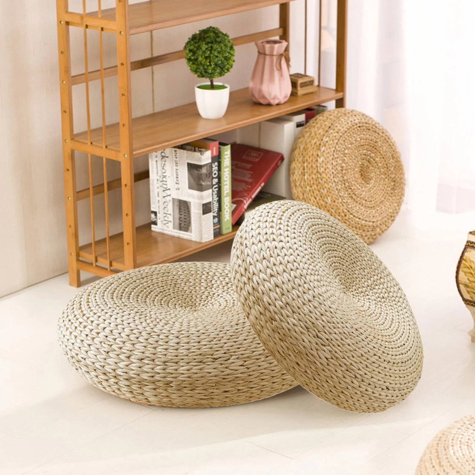 Futon, Cuscino in Vimini Naturale, Cuscino rotondo Tatami, Cuscino Seduta in Paglia da Terra Rotondo Tatami, Traspirante, Cuscino Rotondo da Pavimento, Decorazione per Salotto da Giardino