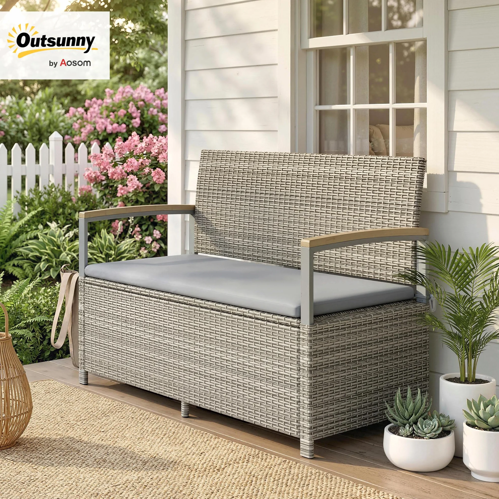 Outsunny Cassapanca Contenitore da Esterno in Rattan PE 170L, Panca Contenitore da Esterno 2 Posti con Braccioli in Legno di Acacia, Cuscino Lavabile, Fodera con Cerniera, Pistone a Gas, Grigio Chiaro
