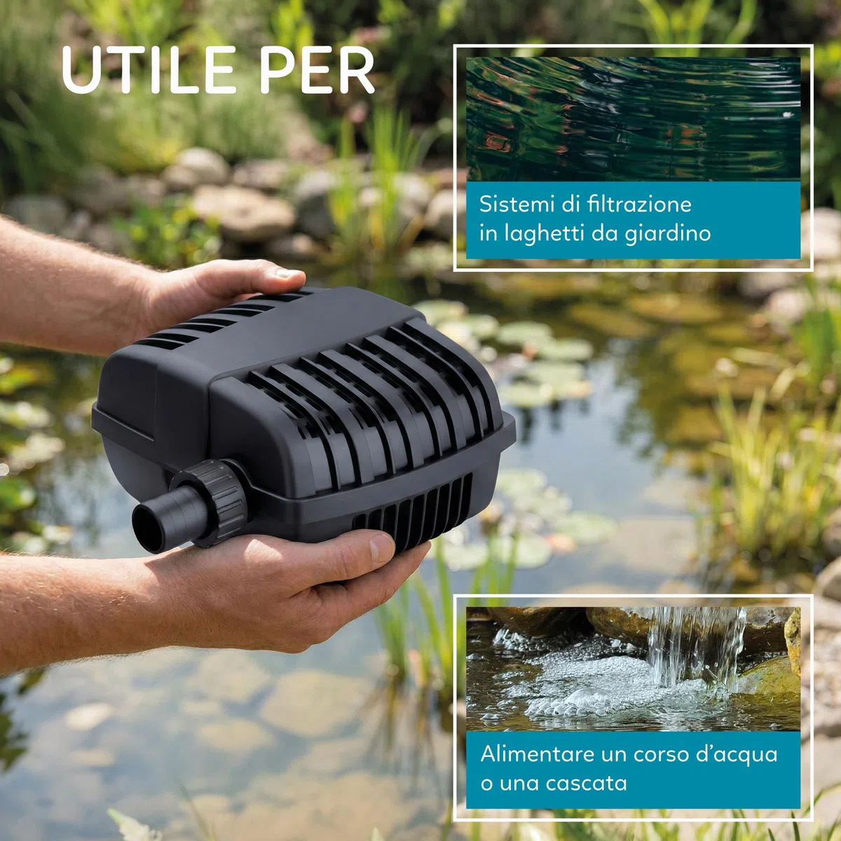 AQPOND Flux Pompa per Laghetto e Fontane da Giardino – Pompa Sommergibile ad Alta Portata per Cascate, Ruscelli e Filtri Laghetto – Design Compatto con Cavo Lungo 5 metri 3000lt/h