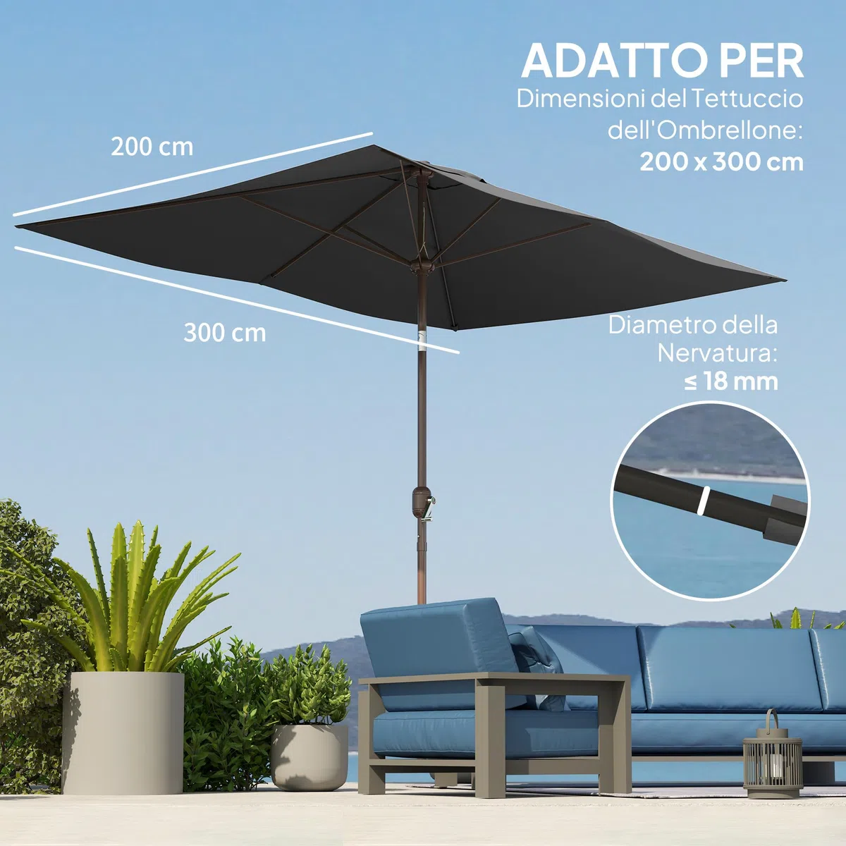 Outsunny Telo di Ricambio per Ombrellone Rettangolare 3x2 m con Presa d'Aria Superiore, Telo per Ombrellone da Giardino a 6 Stecche in Poliestere 180 g/m², Protezione UV 50+