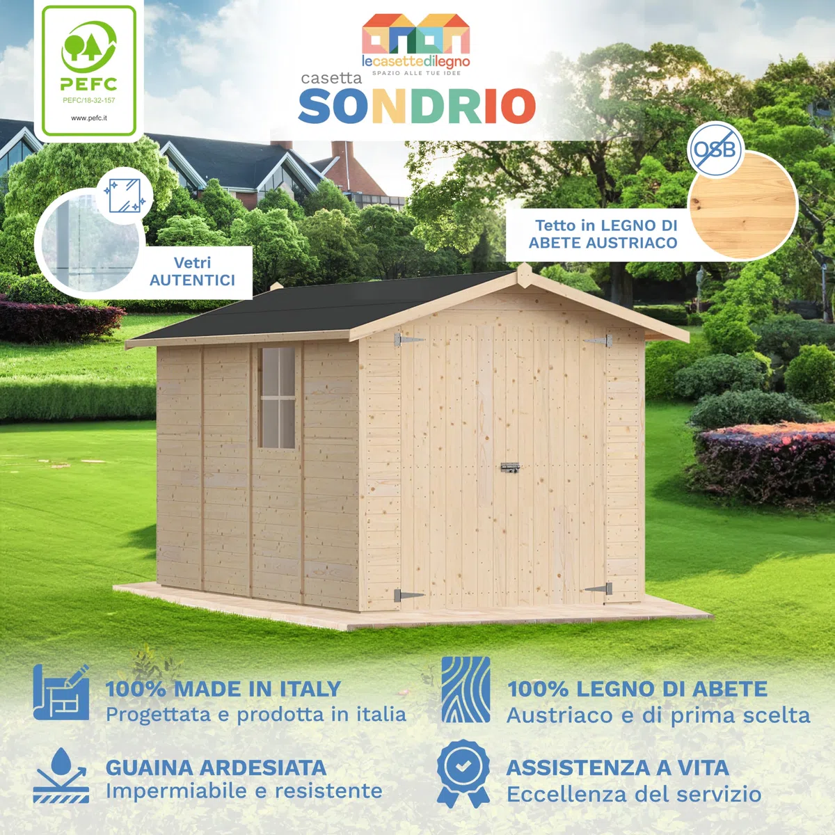 Casetta da giardino in legno per esterno 2Mq 200x400 20mm MADE IN ITALY mod. SONDRIO (Con Grondaia, Kit 2 Finestre Apribili)