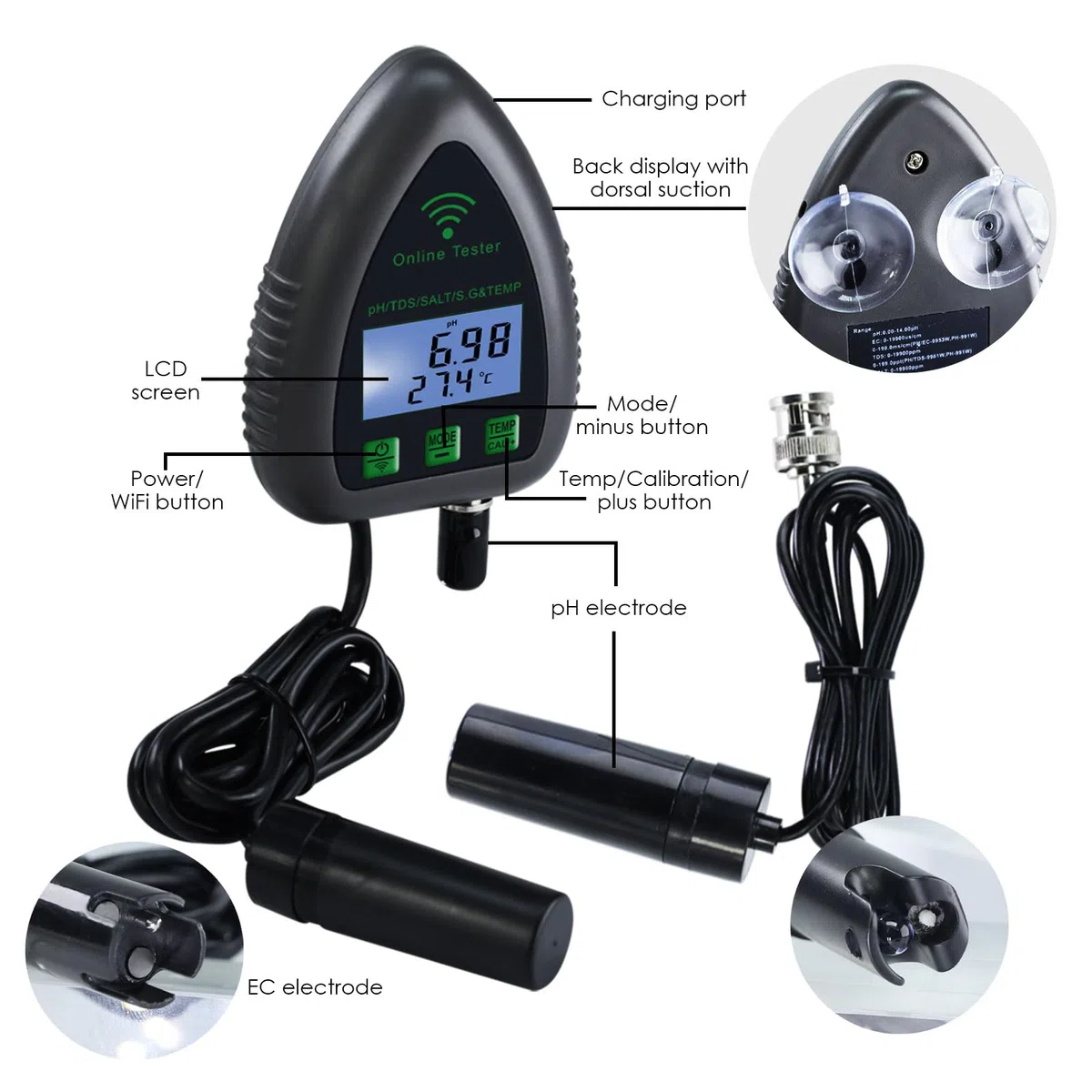 Monitor Di pH Online App Con Wifi, Tester Qualità Dell'Acqua TDS/Sale/S.G/Temperatura/Misuratore Di pH, Per Acquario Idroponica Piscina