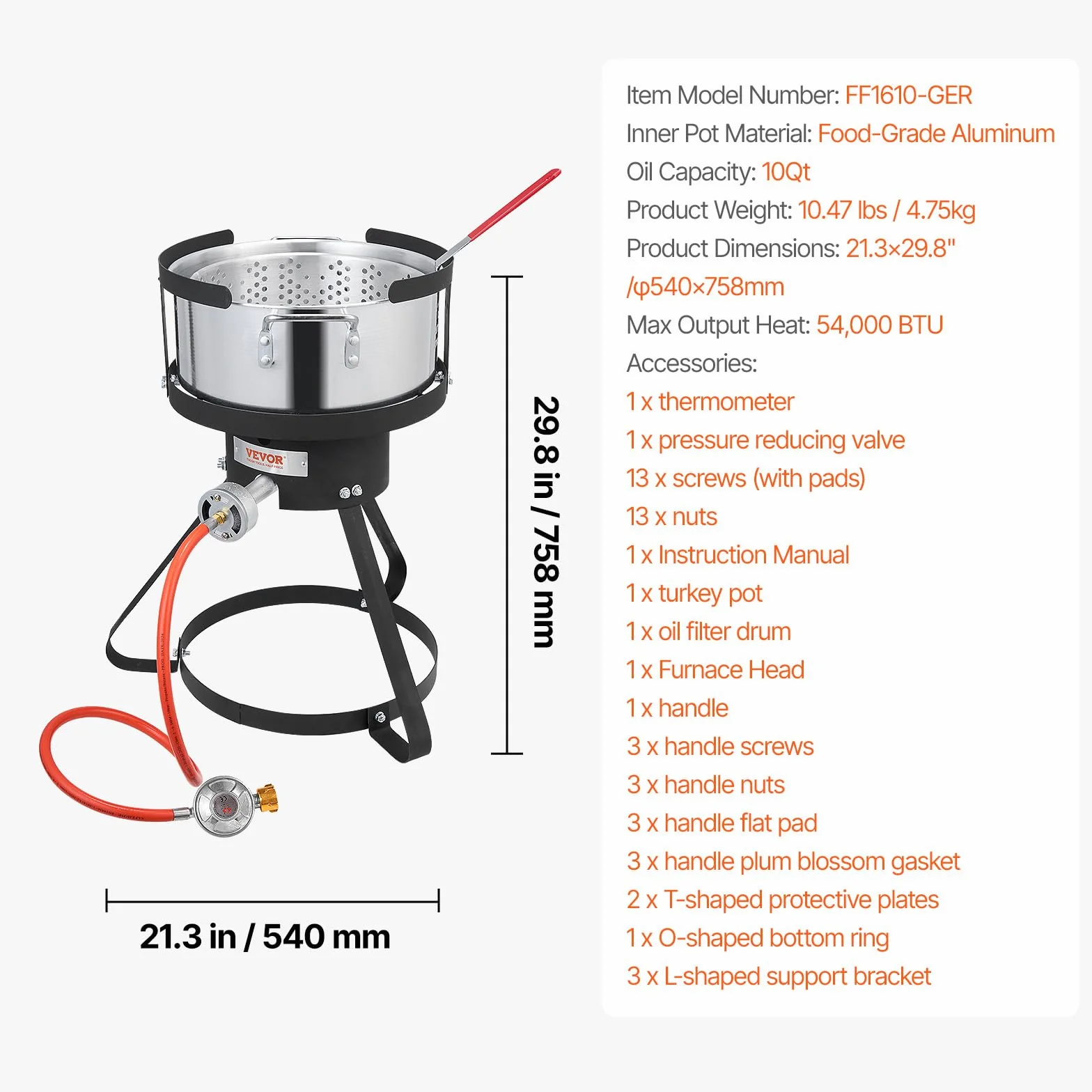 VEVOR Friggitrice a ali di pesce, 9,35 l, set di friggitrice in alluminio, per frutti di mare, per esterni, con termometro, cestello e bruciatori a propano 54.000 BTU, per cucinare all'aperto