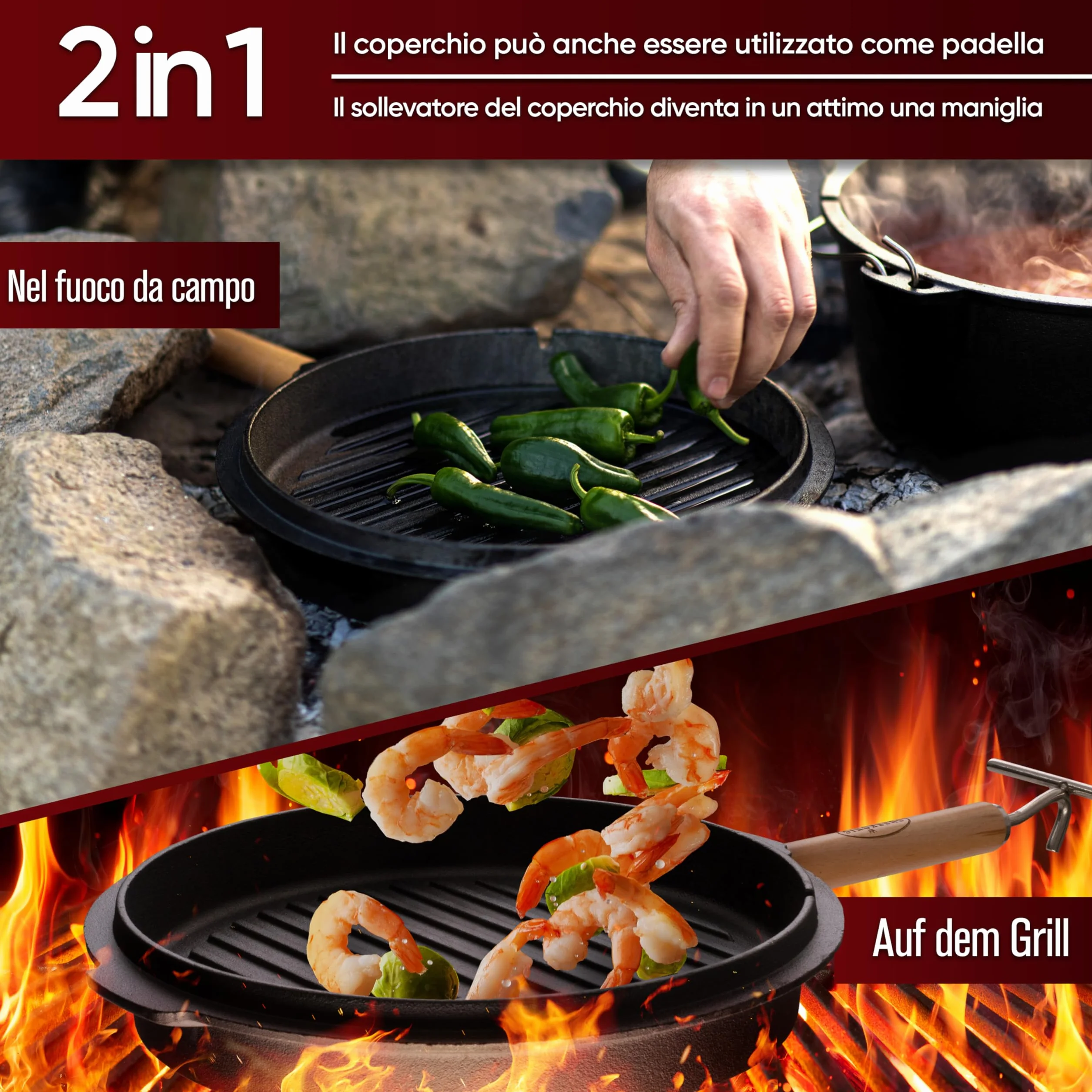 GUSSKÖNIG Set di pentole in ghisa con coperchio- 7 Litri-senza piedini -Teglia per il pane in ghisa-Incluso sollevatore del coperchio 2in1,spazzola e ricettario per il forno olandese [per3-5 persone]