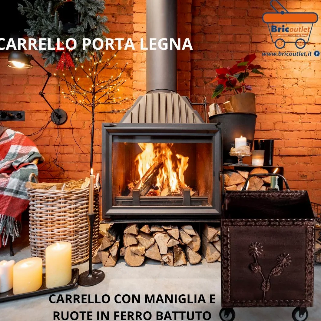 Carrello Porta Legna in Ferro BATTUTO 43x37x72hcm con Ruote RAME - Cesta per legna