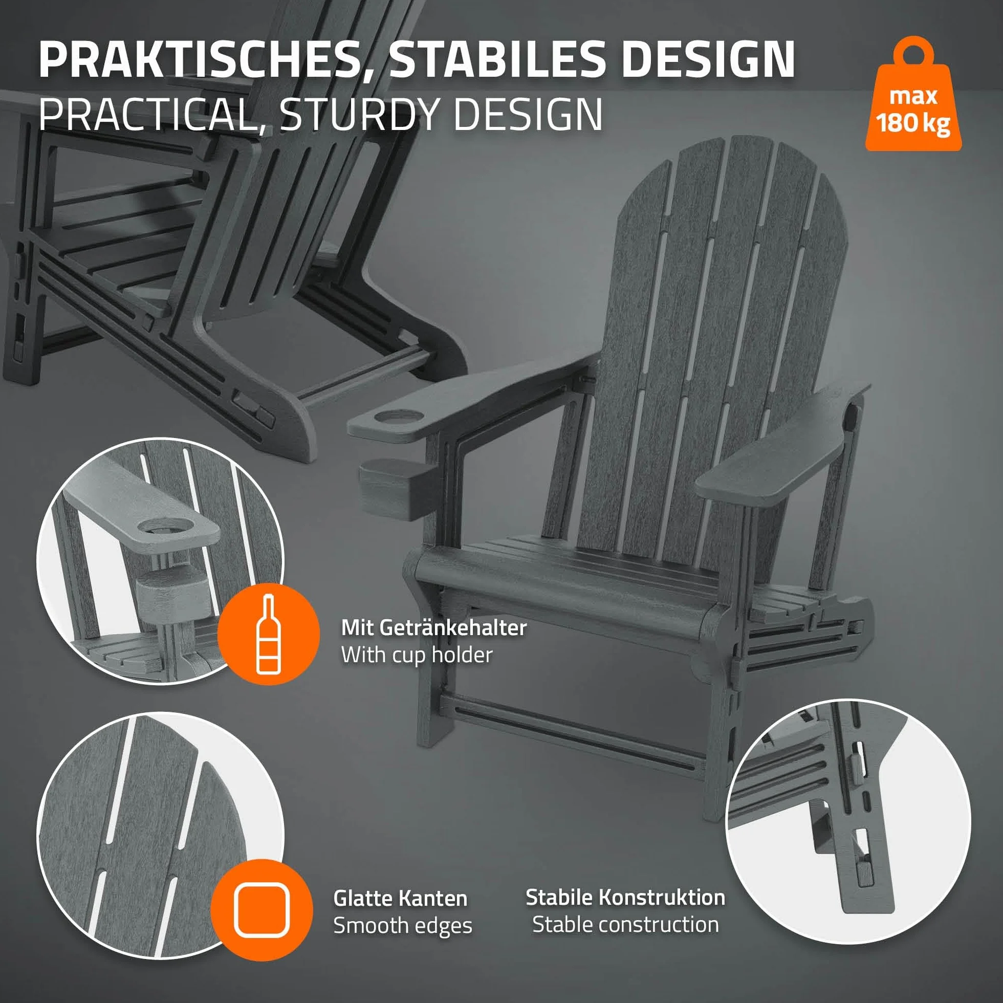 ML-Design Sedia Adirondack da Giardino con Portabicchieri, Grigia, Poltrona da Esterno in Plastica Effetto Legno, Sedia Lounge con Sistema a Incastro, Resistente alle Intemperie, per Patio e Giardino