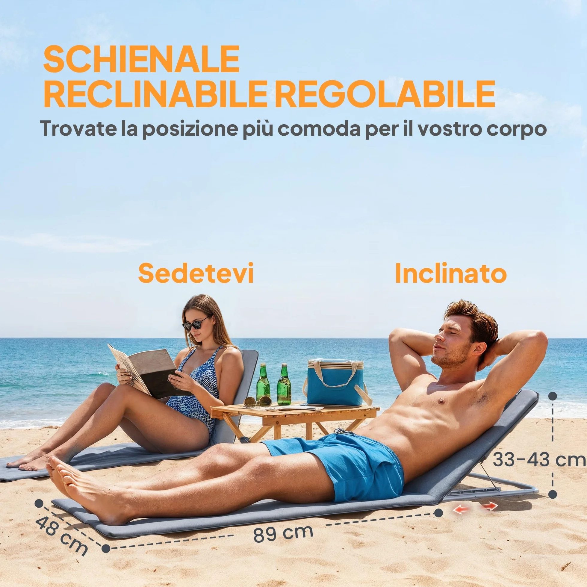Outsunny Sdraio da Spiaggia Pieghevole 2 Pezzi con Schienale Regolabile, Acciaio e PE, 134x48x33-43 cm, Grigio