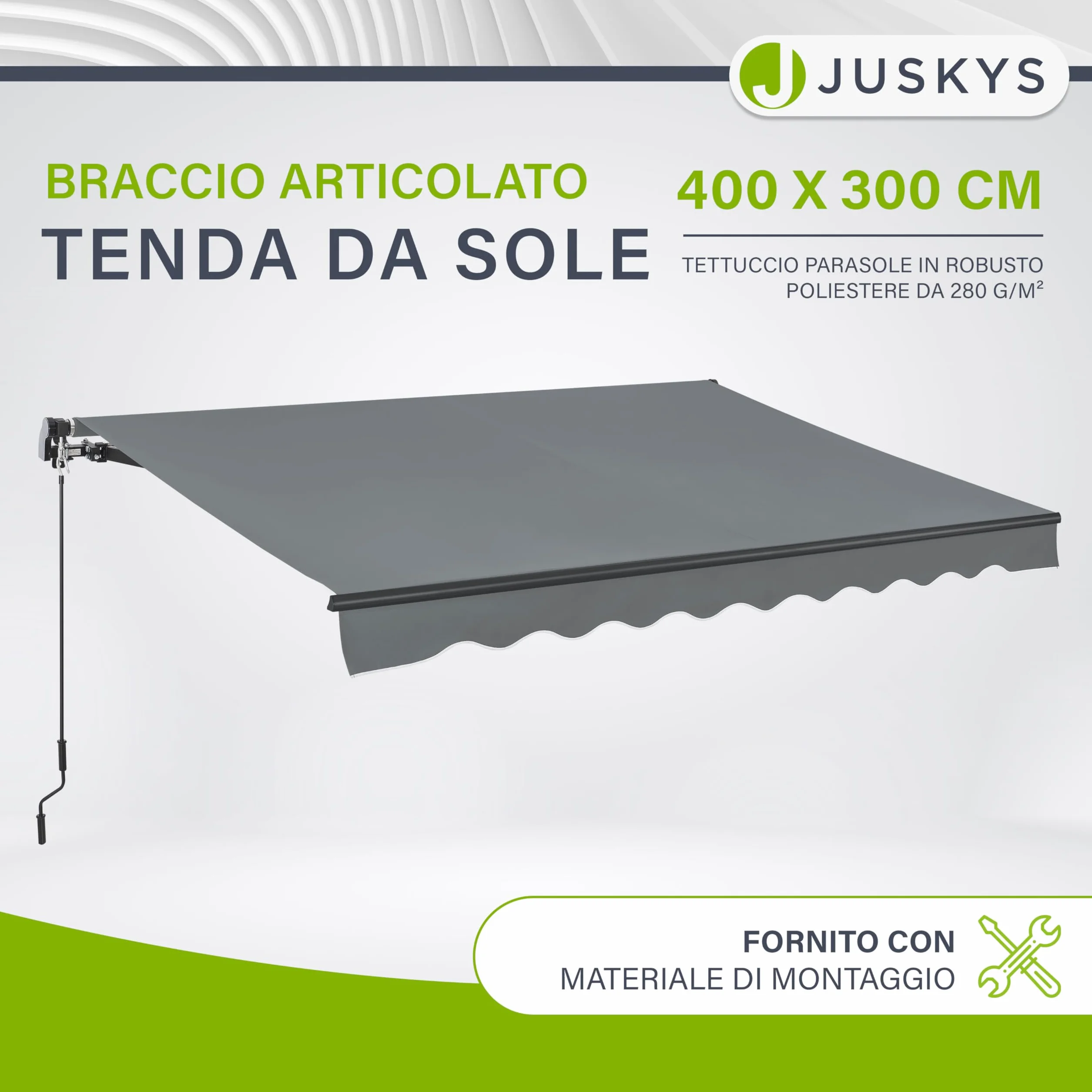 Juskys Tenda a Bracci Estensibili 400x300 cm UV40+ Impermeabile con Manovella Regolabile Grigio